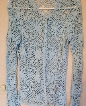 Light Blue Crochet Floral Cardigan Sweater - Women  Small